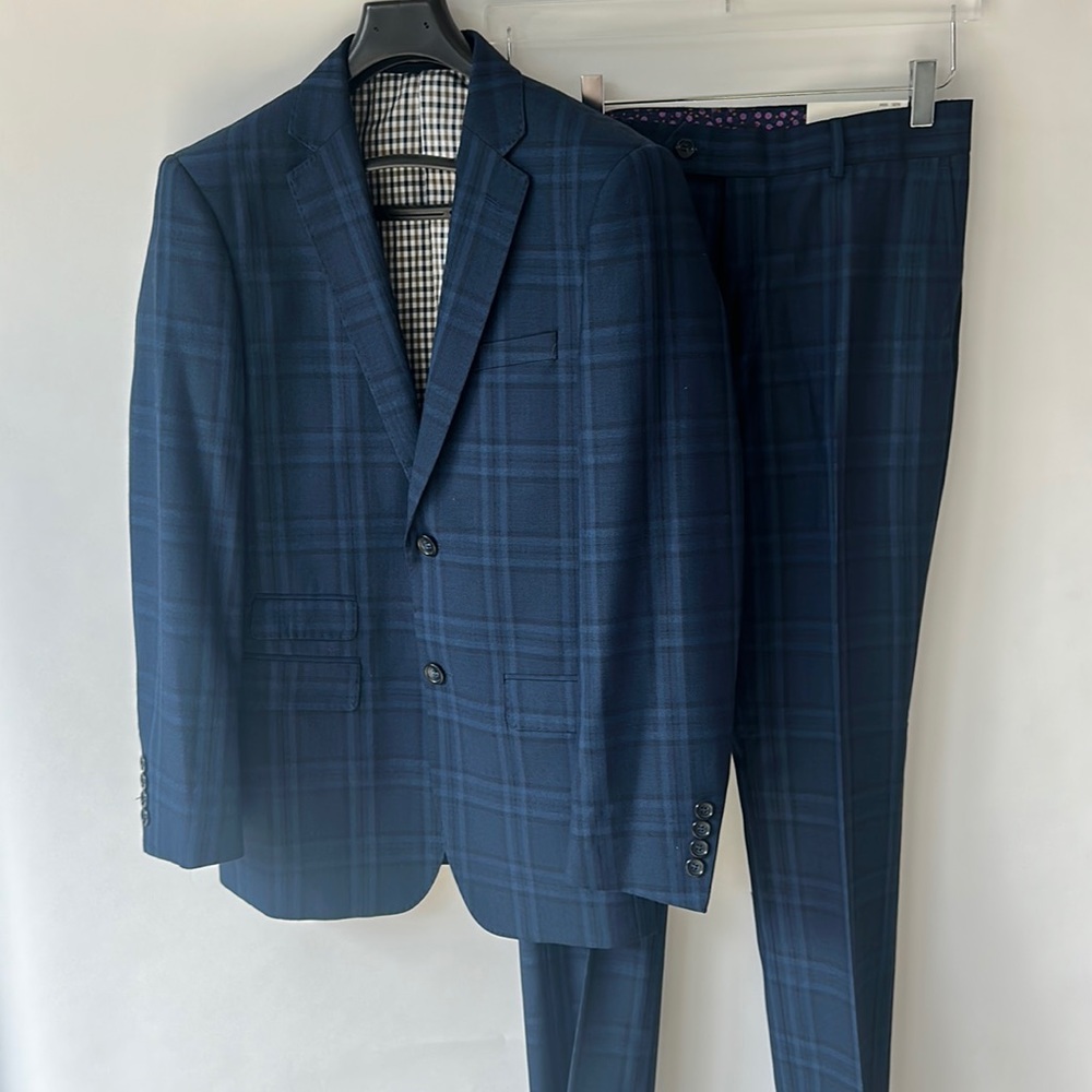 T.O. Two piece suit Navy Plaid. Size 18 or Size 16